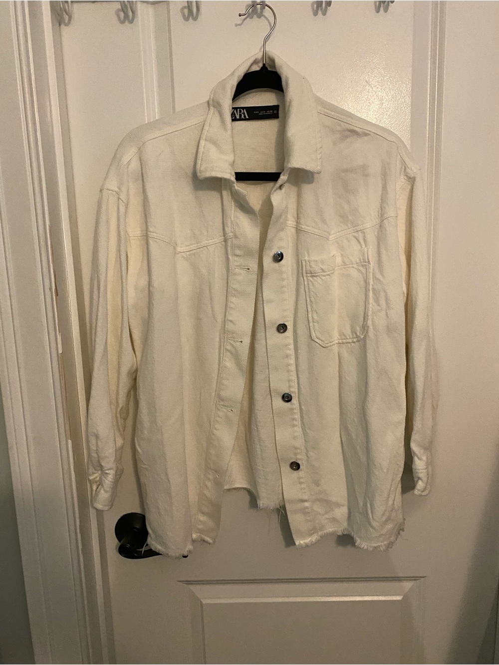 Zara Off-White Button-Up Raw Hem Cotton Shacket